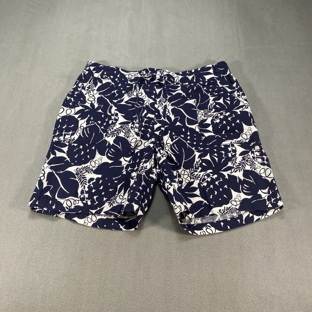 Talbots Womens Drawstring‎ Shorts Navy White Tropical Linen Blend Size 6 Summer
